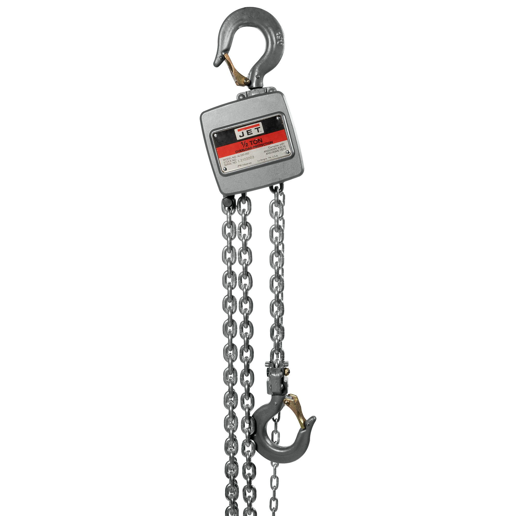 Jet, AL-100 Aluminum Manual Chain Hoist, Capacity 1000 lb, Lift Height 100 ft, Model# AL100-050-100